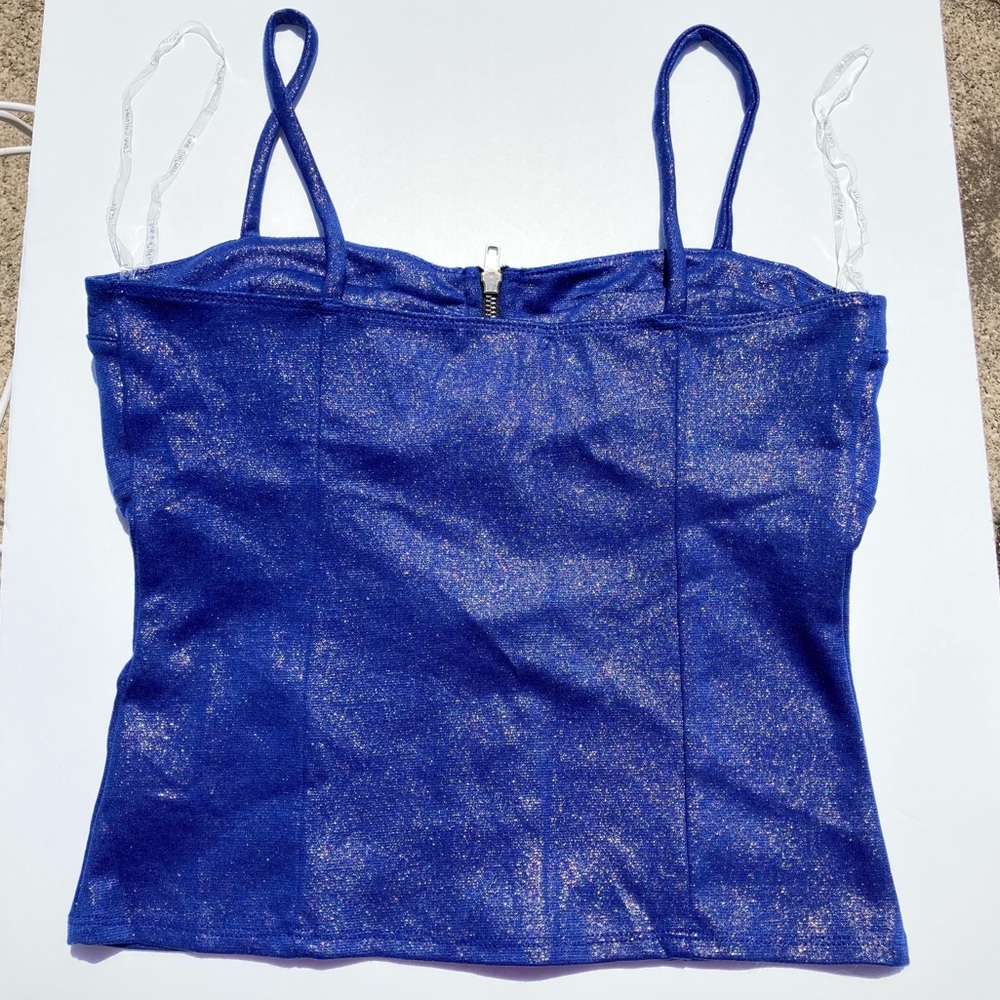 Love Culture Tank Top Large Blue Silver Shimmer Black Built In Bra Front Zip New - Picture 3 of 8